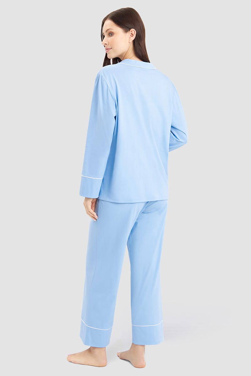 Rückansicht von Pyjama mit Kontrast-Pasplen im Herrenhemdstil Materialmix