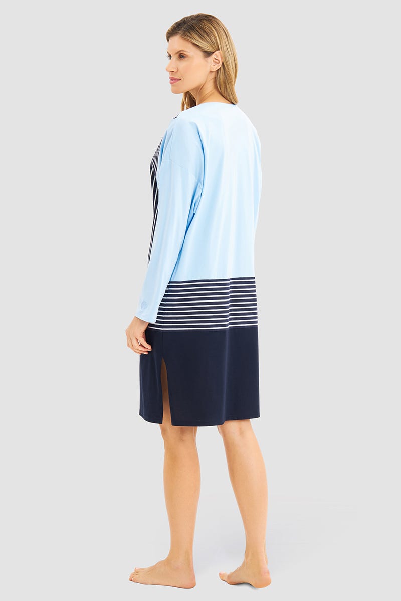 Rückansicht von Nachthemd Langarm mit Flächenteiler-Muster Materialmix