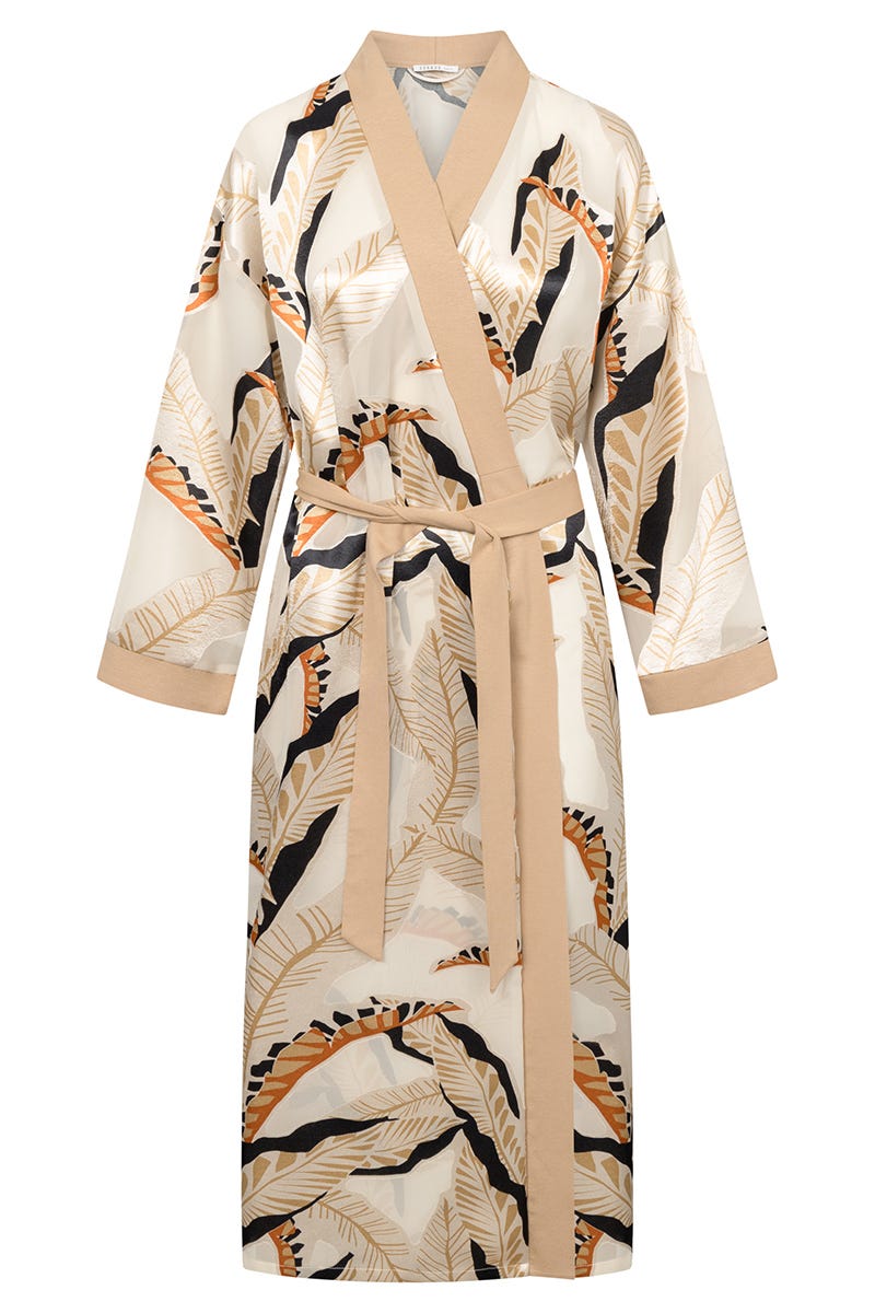 Hollowbild von Morgenmantel Maxi-Länge im herbstlichen Blätter-Druck Webware 100% Viskose