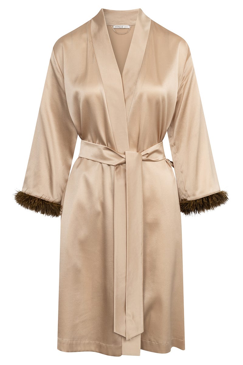 Hollowbild von Morgenmantel mit Straußen-Federn und Strass-Logo Webware Seide/Elasthan