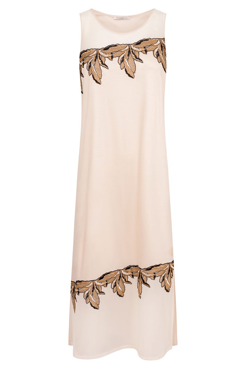 Hollowbild von Nachthemd Ärmellos mit herbstlicher Blätter-Stickerei 100% Micromodal