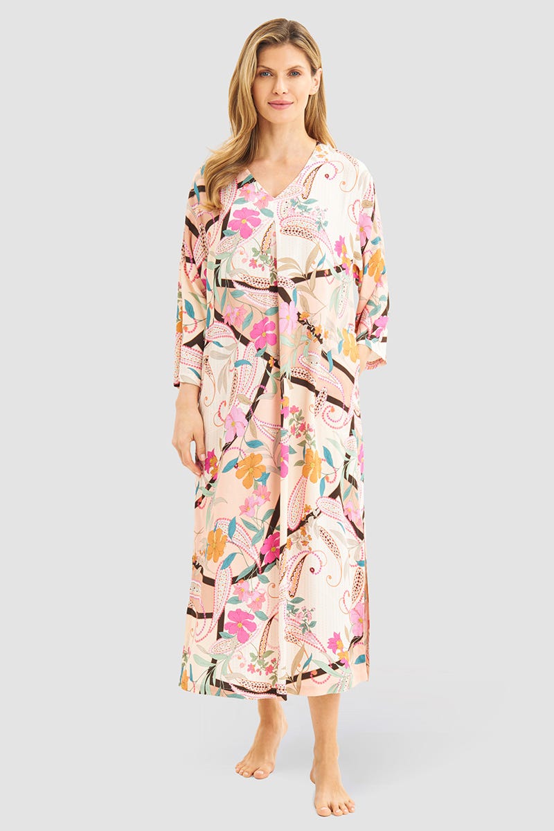 Frontalbild von Nachthemd im Paisley-Blumen-Druck Maxi-Länge 100% Viskose