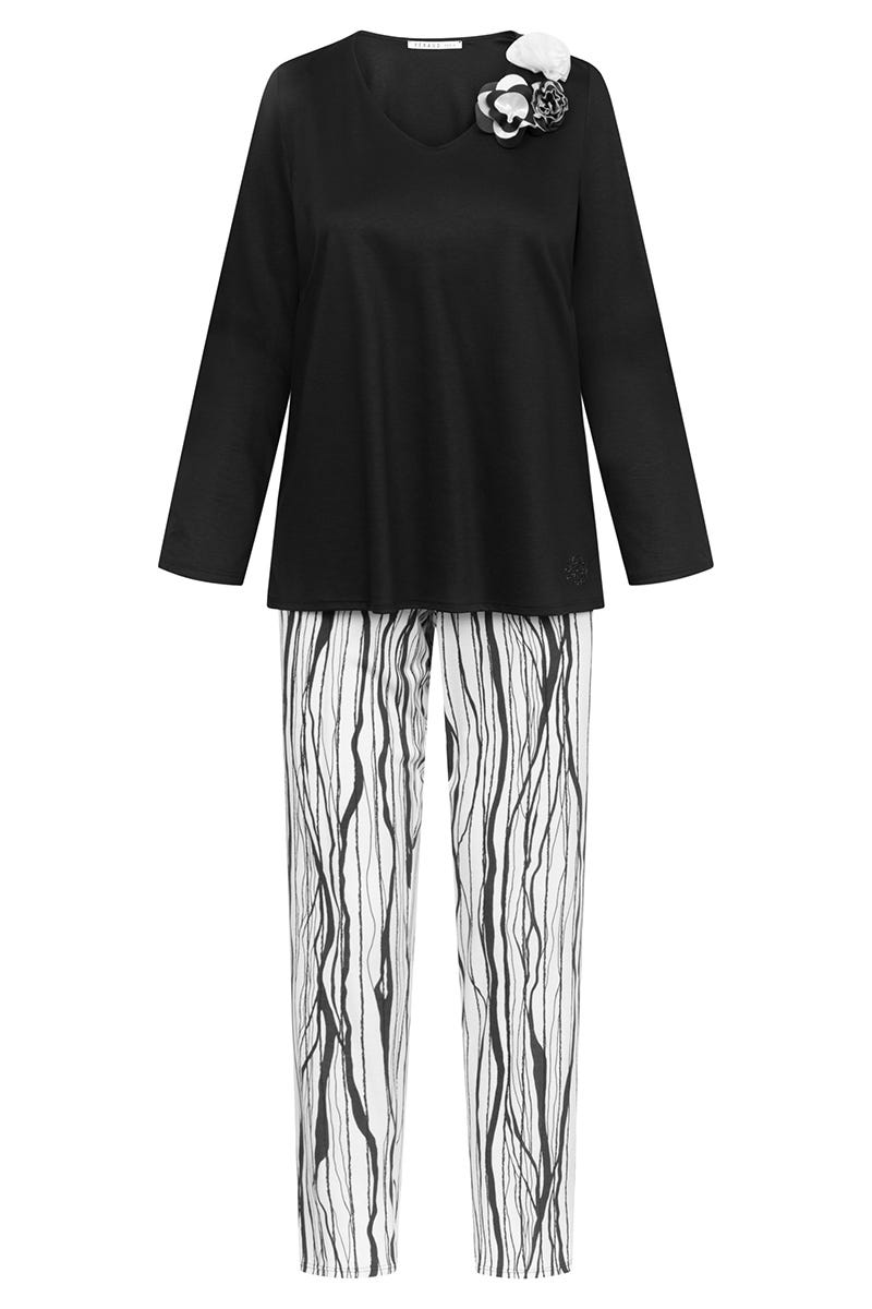 Hollowbild von Pyjama mit Streifendruck und Blumendetail aus Chiffon 100% Modal