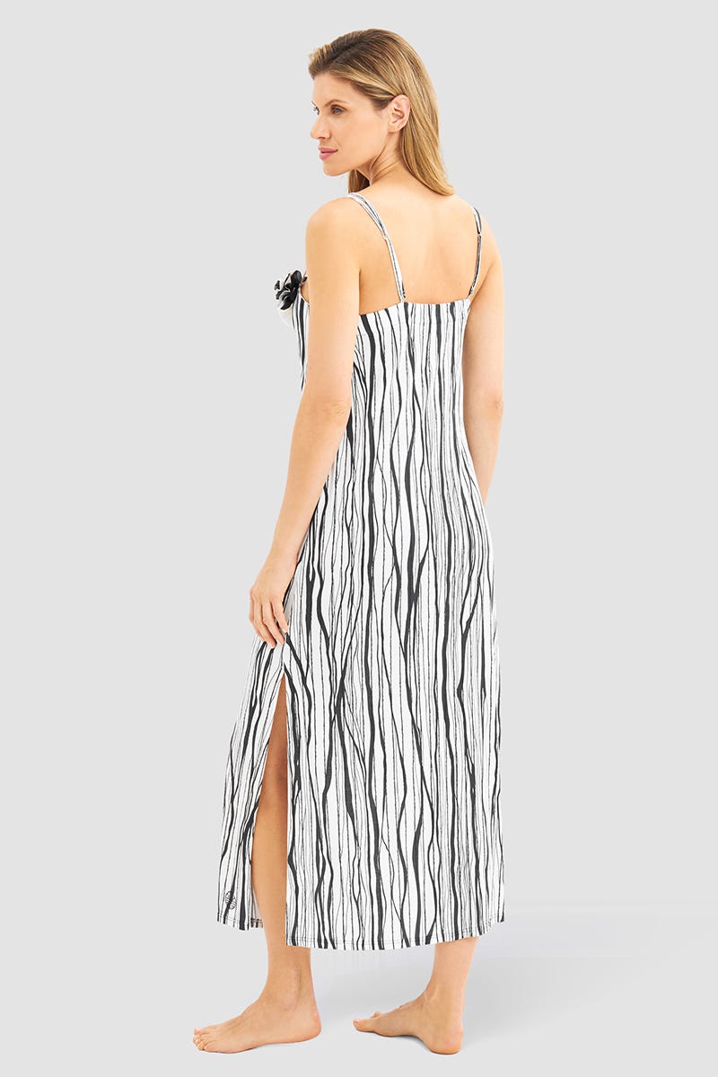 Rückansicht von Nachtkleid Ärmellos im Streifendruck und Blumendetails aus Chiffon 100% Modal