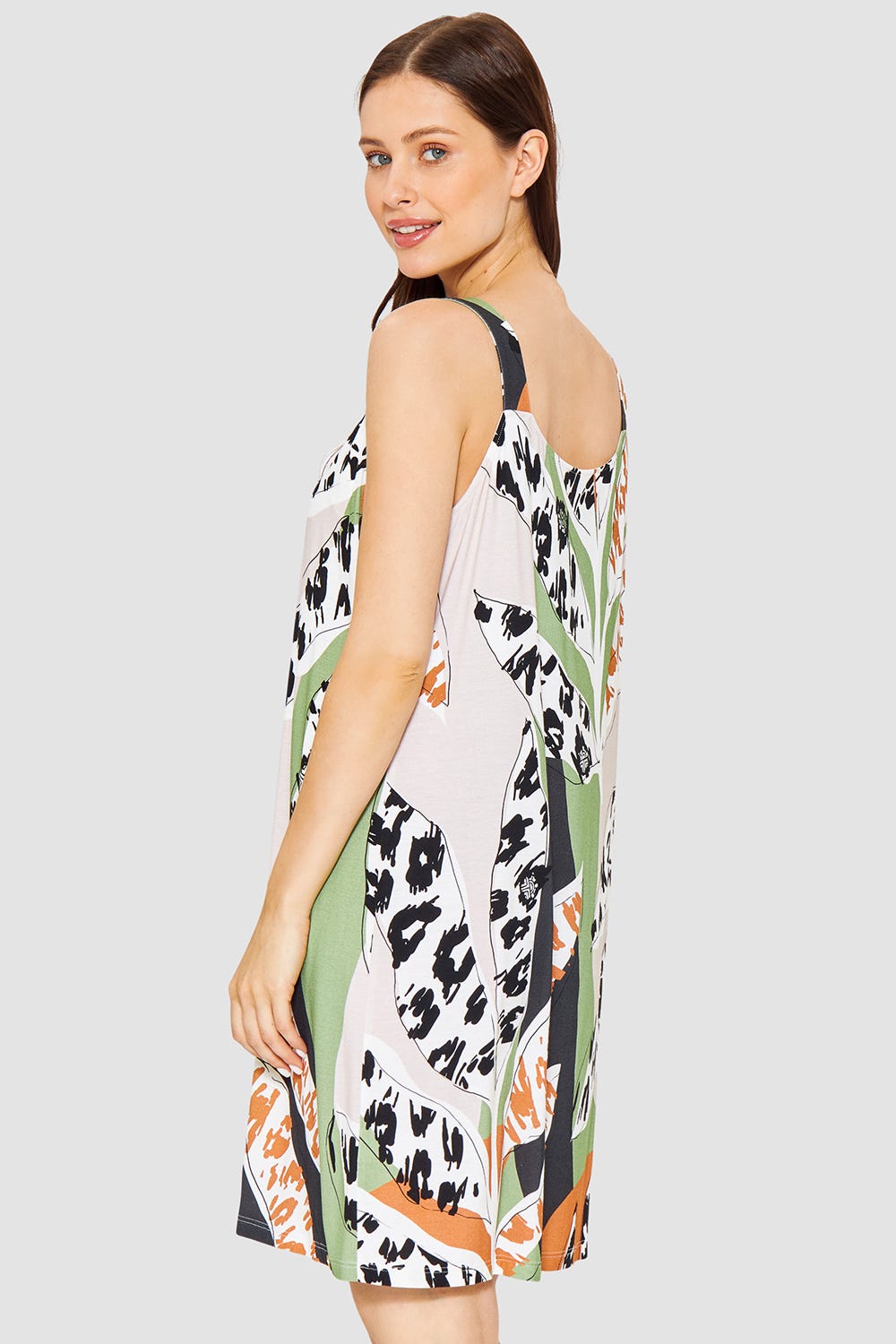 Rückansicht von Strandkleid Ärmellos im Animalprint Erdfarben Modern Leo Viskose/Elasthan