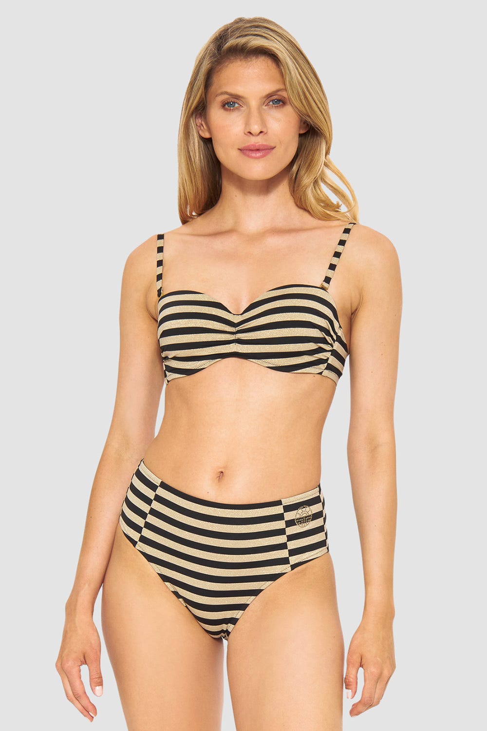 Frontalbild von Bikini im Ringeldruck mit Schimmer-Effekt Schwarz-Gold