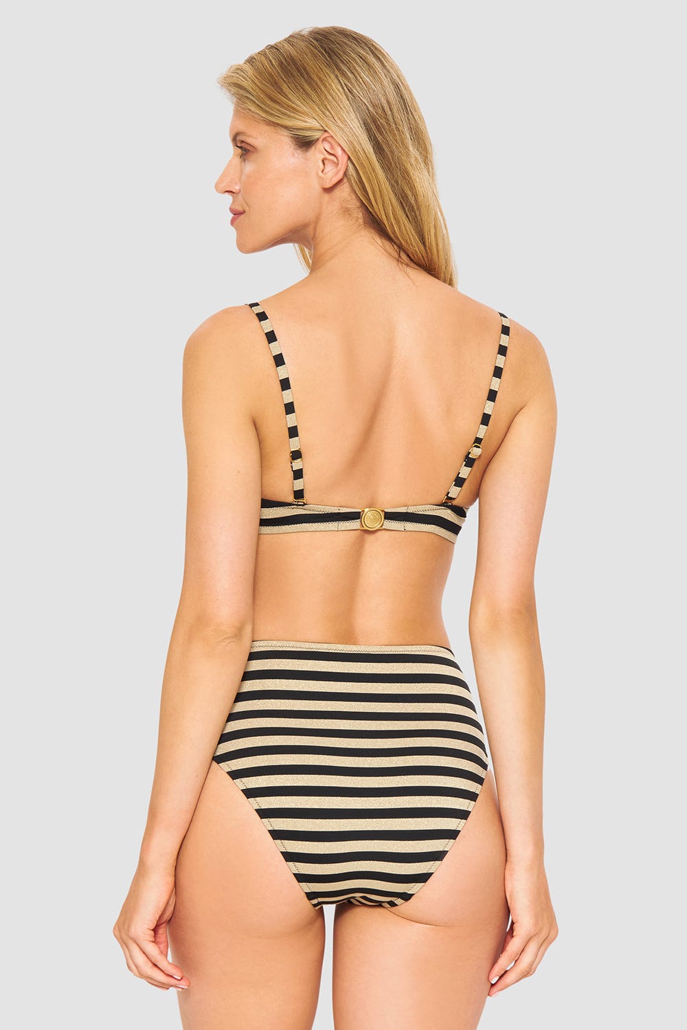 Rückansicht von Bikini im Ringeldruck mit Schimmer-Effekt Schwarz-Gold