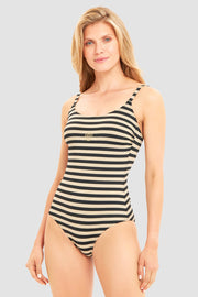 Frontalbild von Badeanzug im Ringeldruck mit Schimmer-Effekt Schwarz-Gold