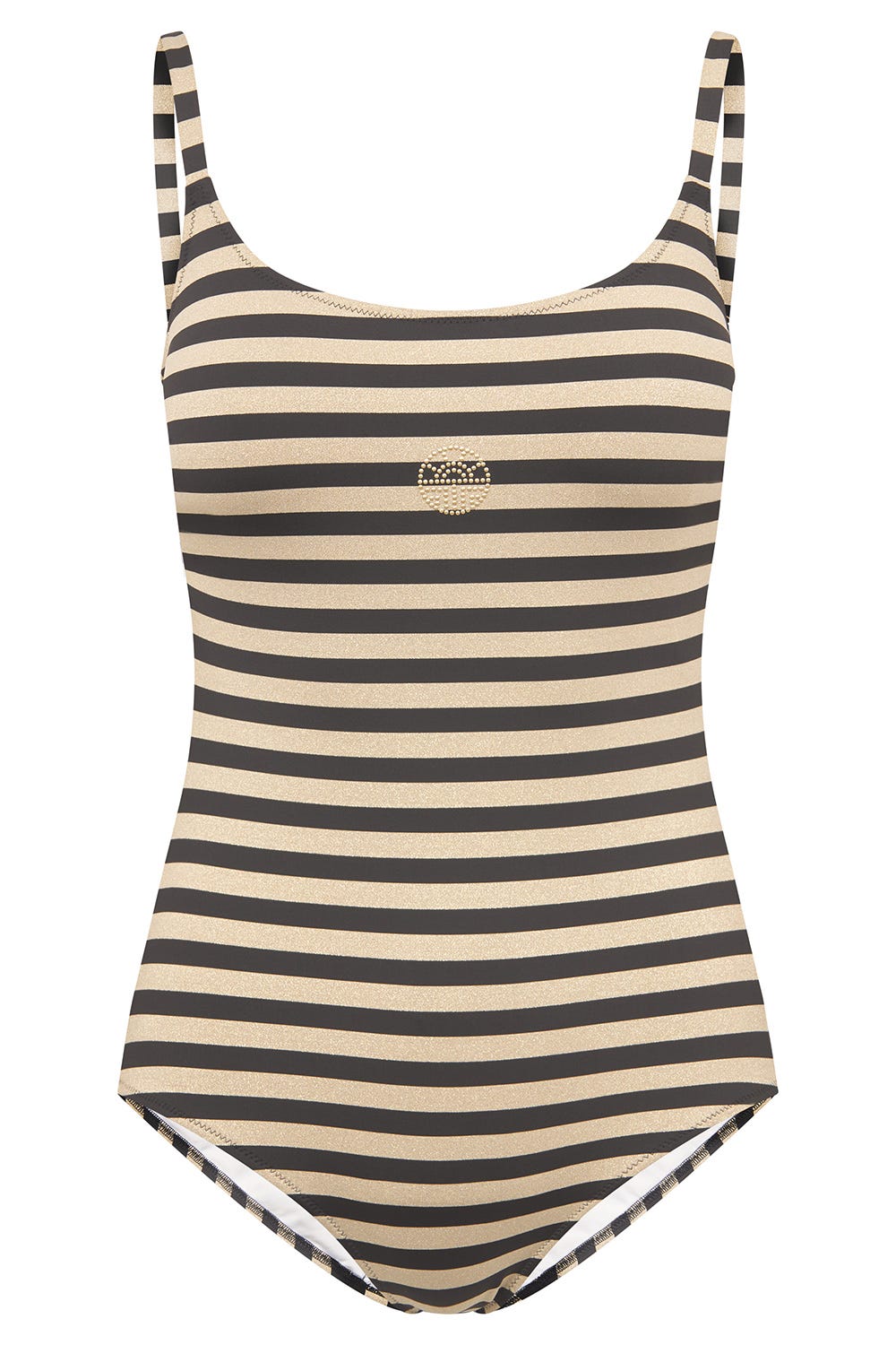 Hollowbild von Badeanzug im Ringeldruck mit Schimmer-Effekt Schwarz-Gold