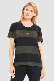 Frontalbild von T-Shirt im Ringeldruck mit Schimmer-Effekt Schwarz-Gold