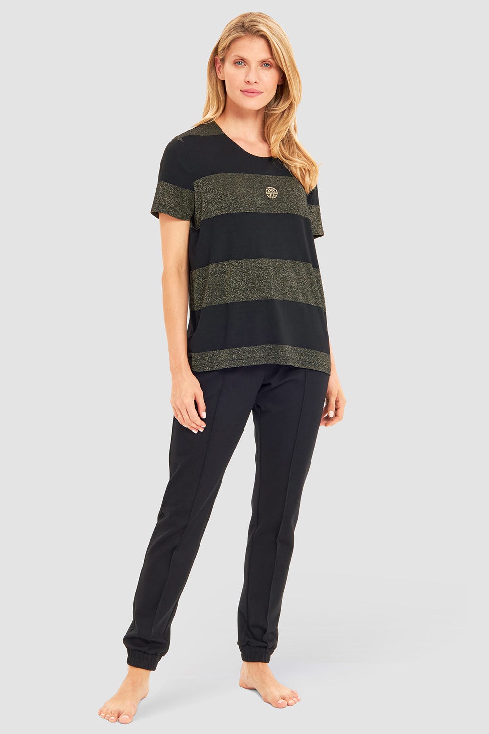 Detailbild 1 von T-Shirt im Ringeldruck mit Schimmer-Effekt Schwarz-Gold