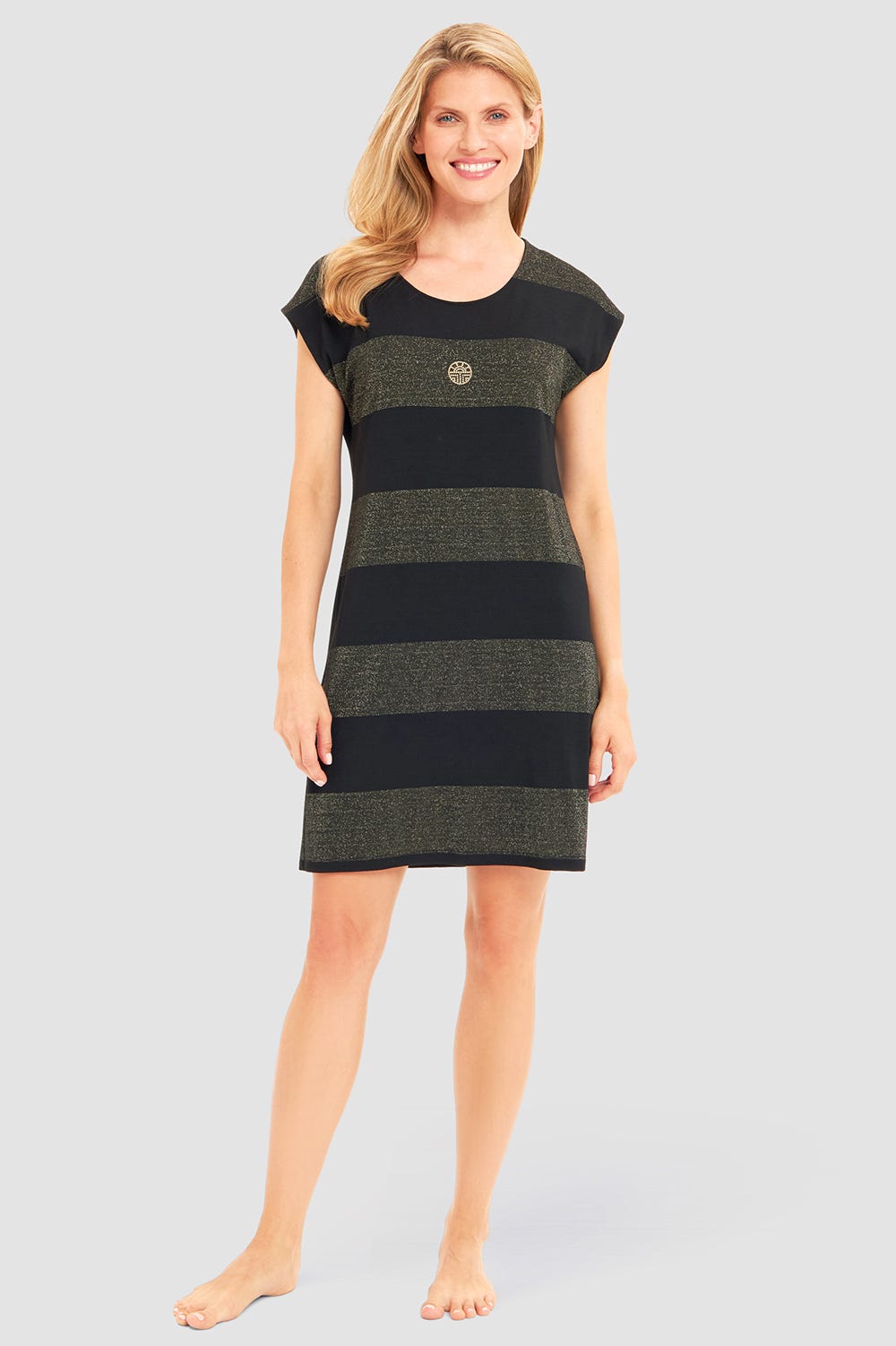 Frontalbild von Strandkleid Kurzarm im Ringeldruck mit Schimmer-Effekt Schwarz-Gold