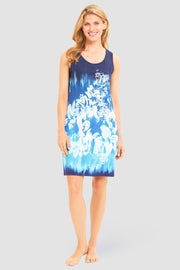 Frontalbild von Strandkleid Ärmellos im Unterwasser-Blütendruck Blau Meeresfarben Viskose/Elasthan