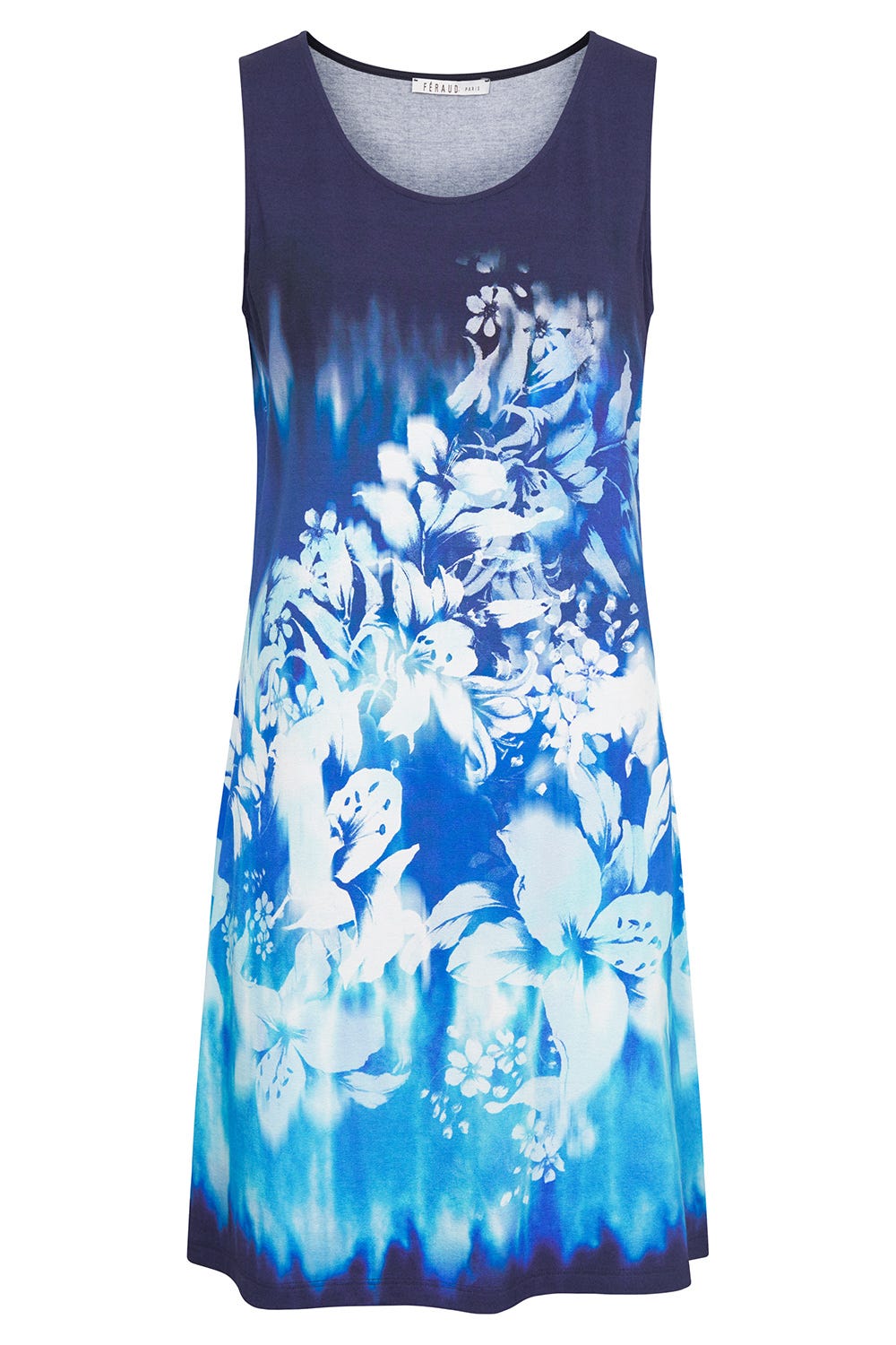 Hollowbild von Strandkleid Ärmellos im Unterwasser-Blütendruck Blau Meeresfarben Viskose/Elasthan