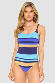Frontalbild von Badeanzug im Streifendruck Meeresfarben