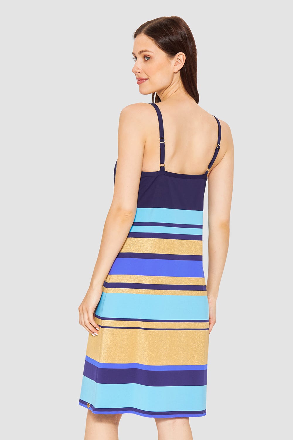 Rückansicht von Strandkleid im Streifendruck Meeresfarben Lycra