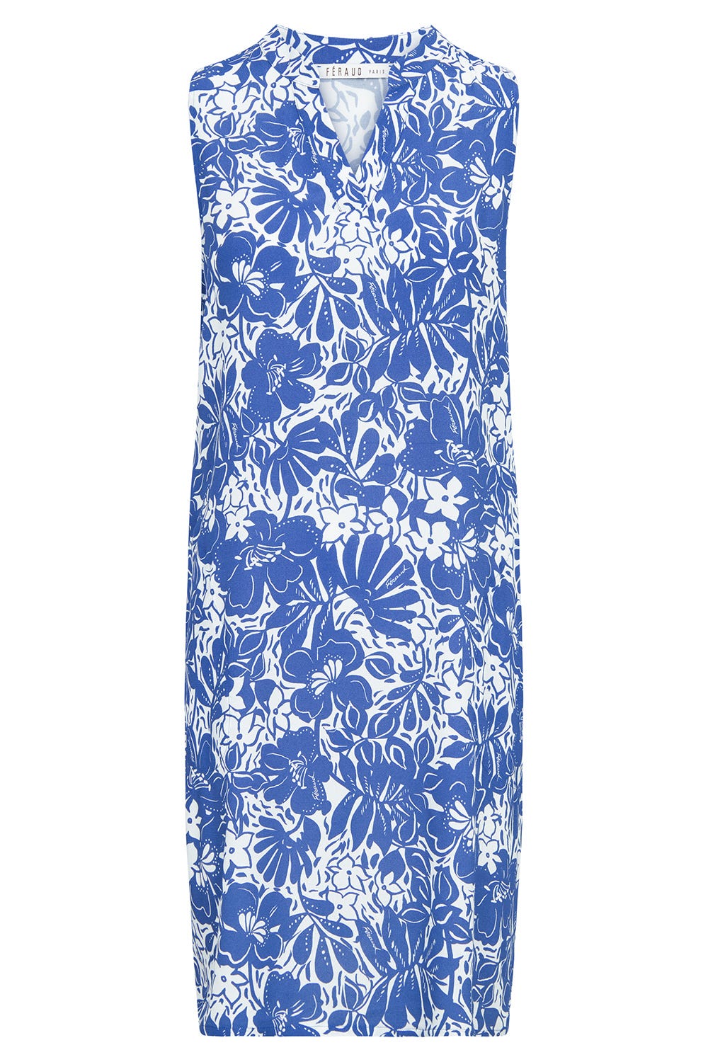 Hollowbild von Strandkleid Ärmellos im Blumendruck minimalistisch Blau-Weiß Webware 100% Viskose