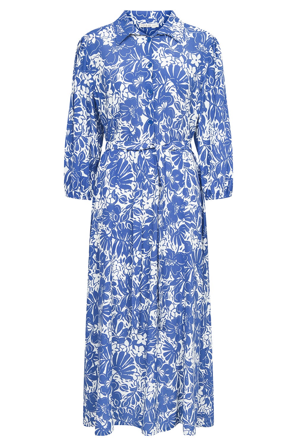 Hollowbild von Strandkleid Langarm im Blumendruck minimalistisch Blau-Weiß Webware 100% Viskose