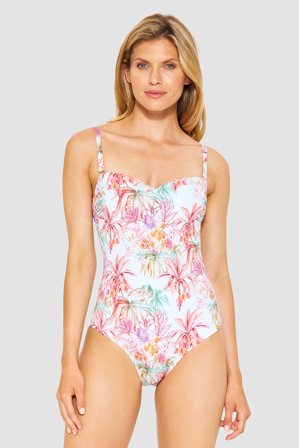 Frontalbild von Bandeau-Badeanzug im exotischen Palmen-Druck