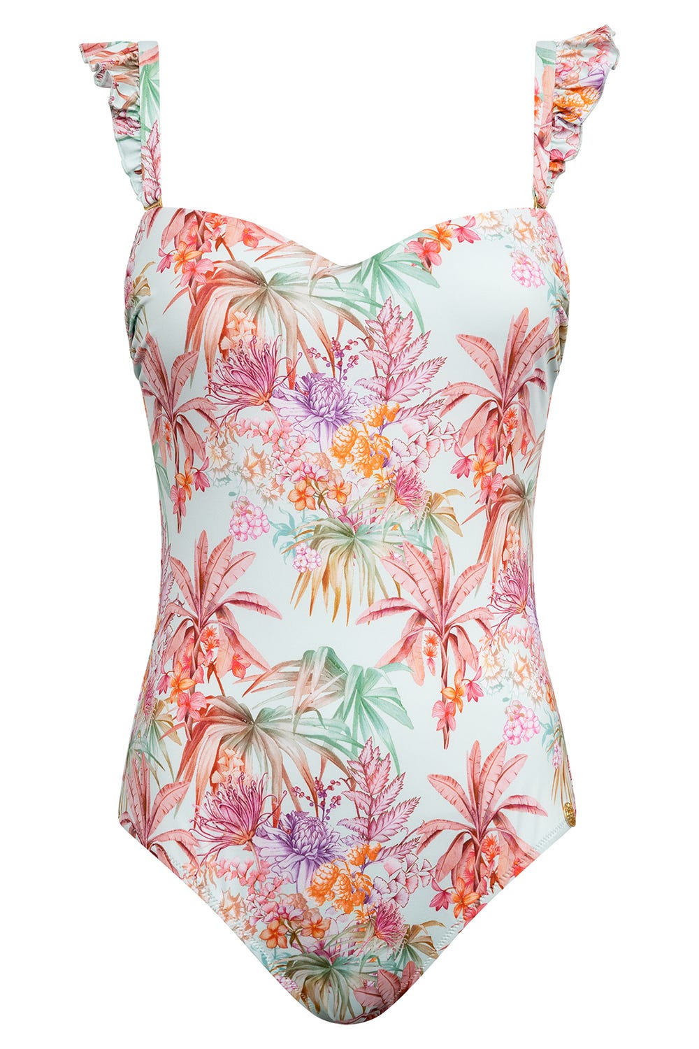 Hollowbild von Bandeau-Badeanzug im exotischen Palmen-Druck