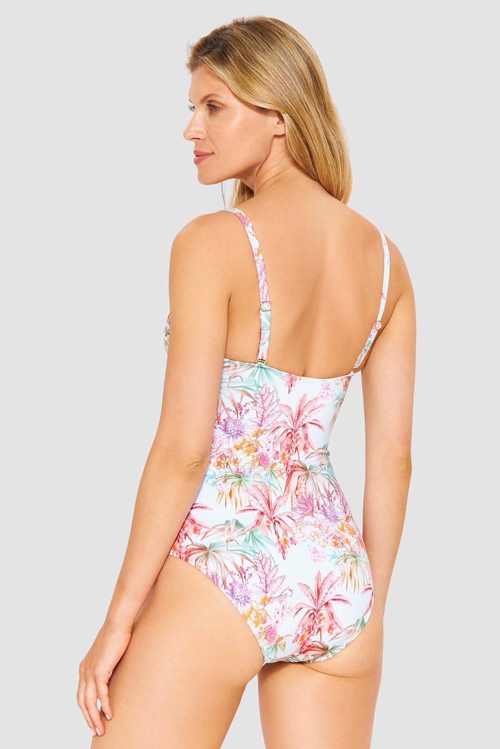 Rückansicht von Bandeau-Badeanzug im exotischen Palmen-Druck