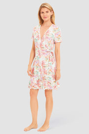 Frontalbild von Strandkleid Kurzarm im exotischen Palmen-Druck Viskose/Elasthan