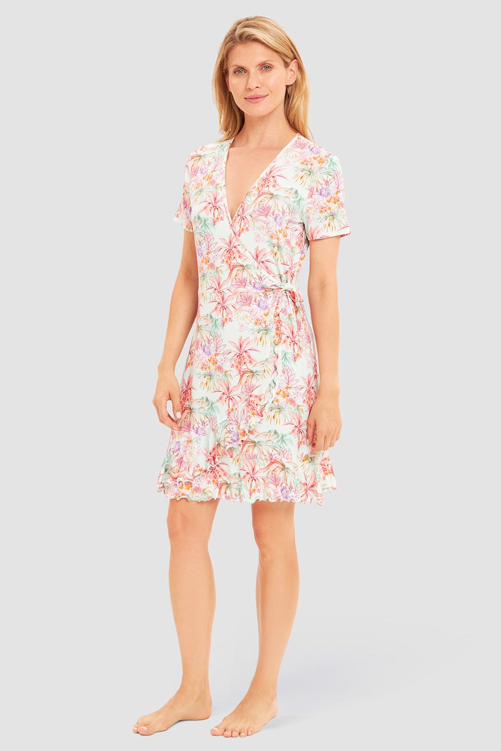 Frontalbild von Strandkleid Kurzarm im exotischen Palmen-Druck Viskose/Elasthan