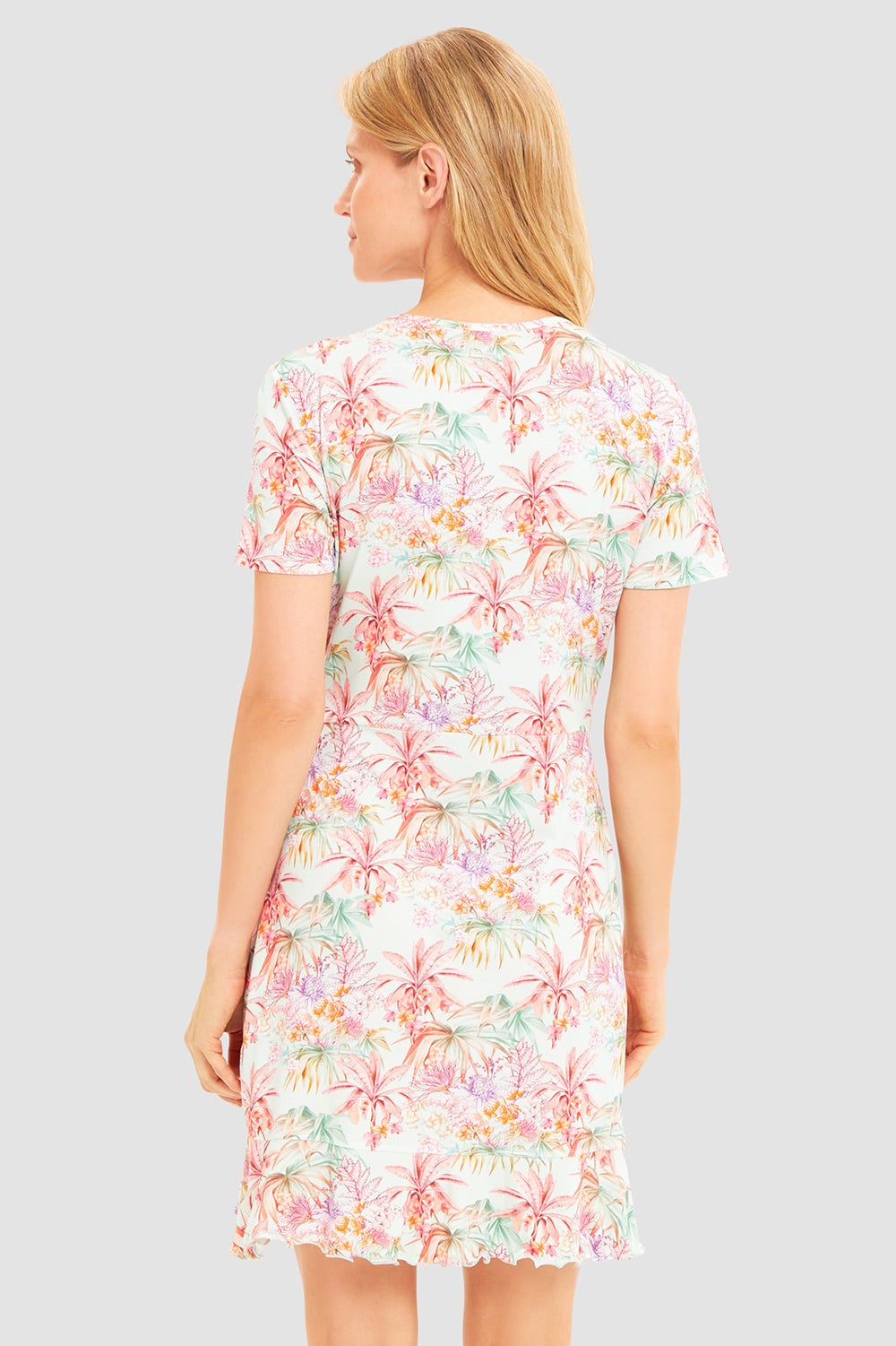 Rückansicht von Strandkleid Kurzarm im exotischen Palmen-Druck Viskose/Elasthan