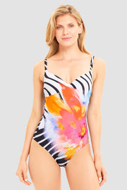 Frontalbild von Badeanzug im Grafik-Blüten-Print