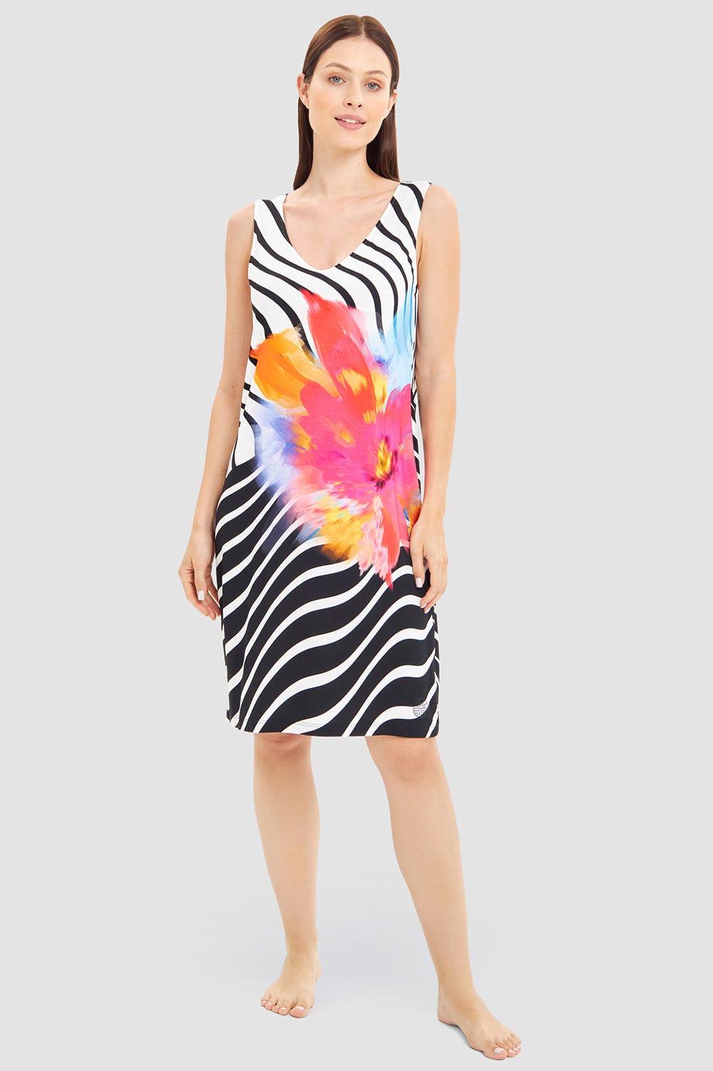Frontalbild von Strandkleid Ärmellos im Grafik-Blüten-Print Viskose/Elasthan