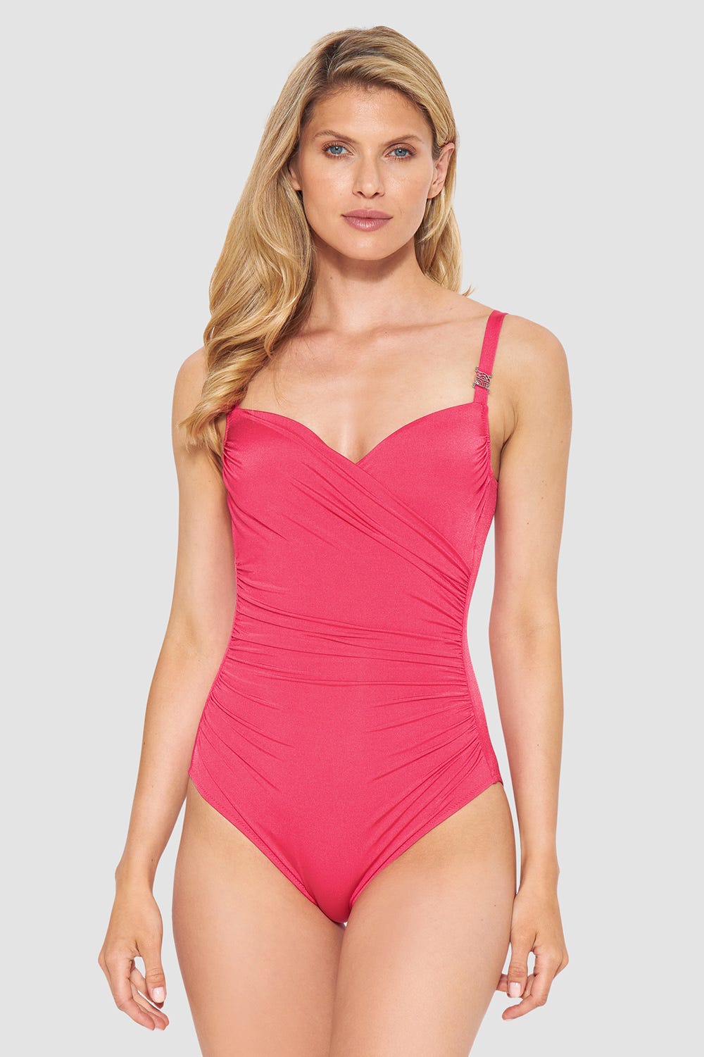 Frontalbild von Badeanzug in Schimmer-Optik Pink Wickelform 