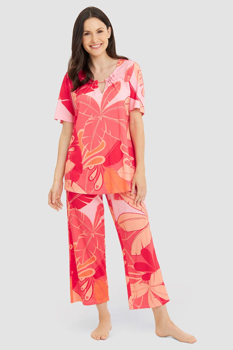 Frontalbild von Pyjama im Blumenprint mit Perlendetail Baumwolle/Modal