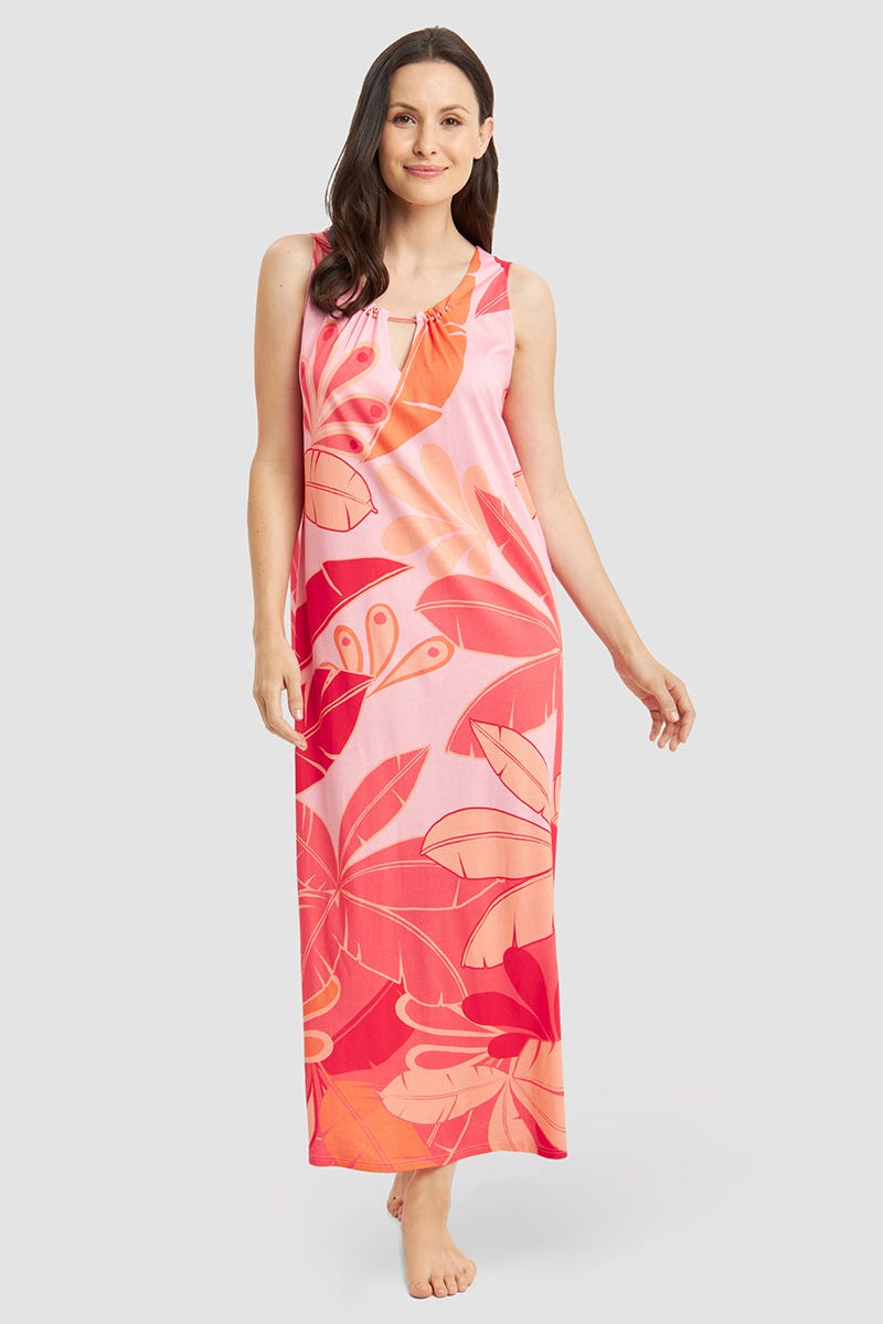 Frontalbild von Nachtkleid Ärmellos im Blumenprint mit Perlendetail Baumwolle/Modal