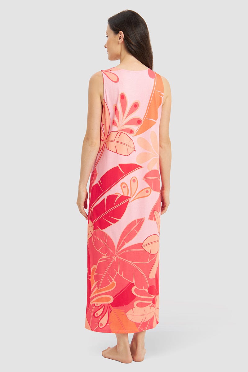 Rückansicht von Nachtkleid Ärmellos im Blumenprint mit Perlendetail Baumwolle/Modal