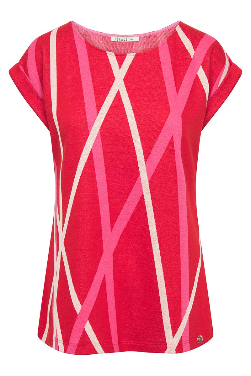 Hollowbild von T-Shirt aus sommerlichem Strick im Grafikdruck Materialmix