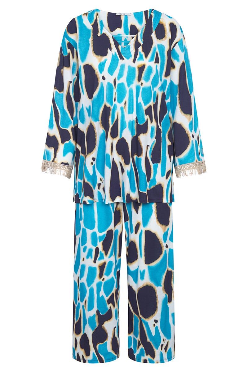 Hollowbild von Pyjama im eleganten Leo-Druck mit Fransen-Details Baumwolle/Modal