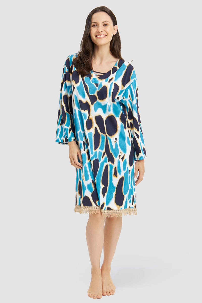 Frontalbild von Nachthemd im eleganten Leo-Druck mit Fransen-Details Baumwolle/Modal