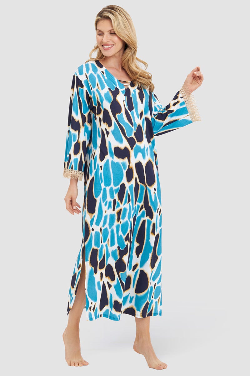 Frontalbild von Nachthemd im eleganten Leo-Druck mit Fransen-Details Maxi-Länge Baumwolle/Modal