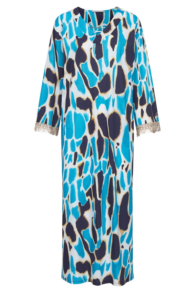 Hollowbild von Nachthemd im eleganten Leo-Druck mit Fransen-Details Maxi-Länge Baumwolle/Modal