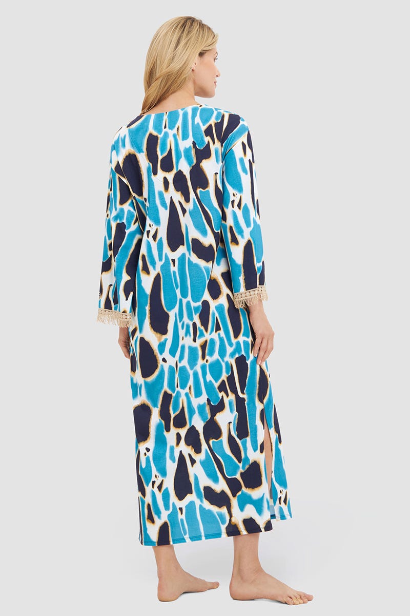 Rückansicht von Nachthemd im eleganten Leo-Druck mit Fransen-Details Maxi-Länge Baumwolle/Modal