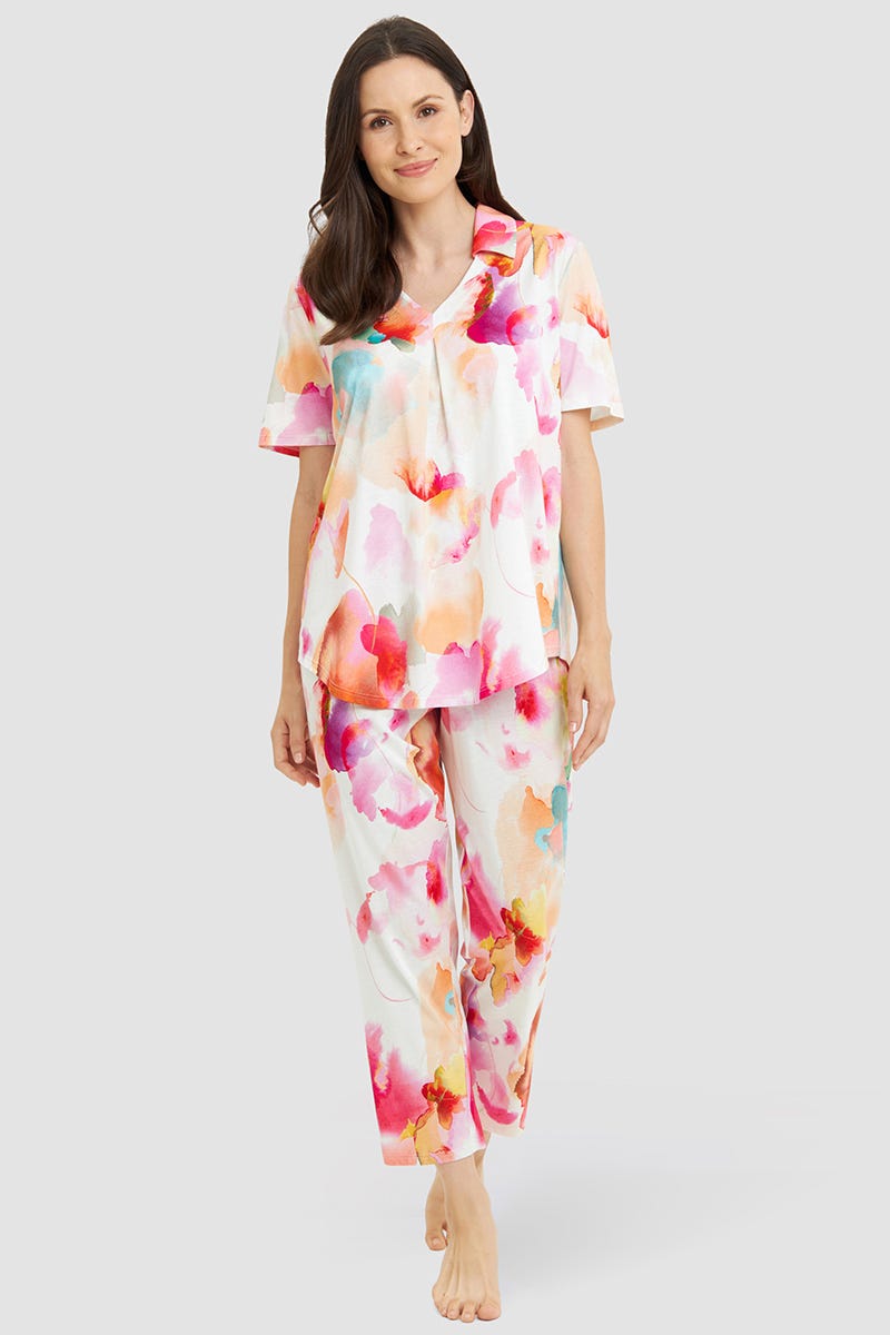 Frontalbild von Pyjama im Batik-Blumendruck Baumwolle/Modal