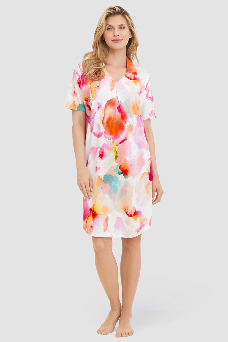 Frontalbild von Nachthemd Kurzarm im Batik-Blumendruck Baumwolle/Modal