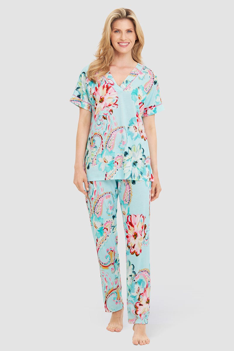 Frontalbild von Pyjama im Paisley-Druck Türkis Baumwolle/Modal