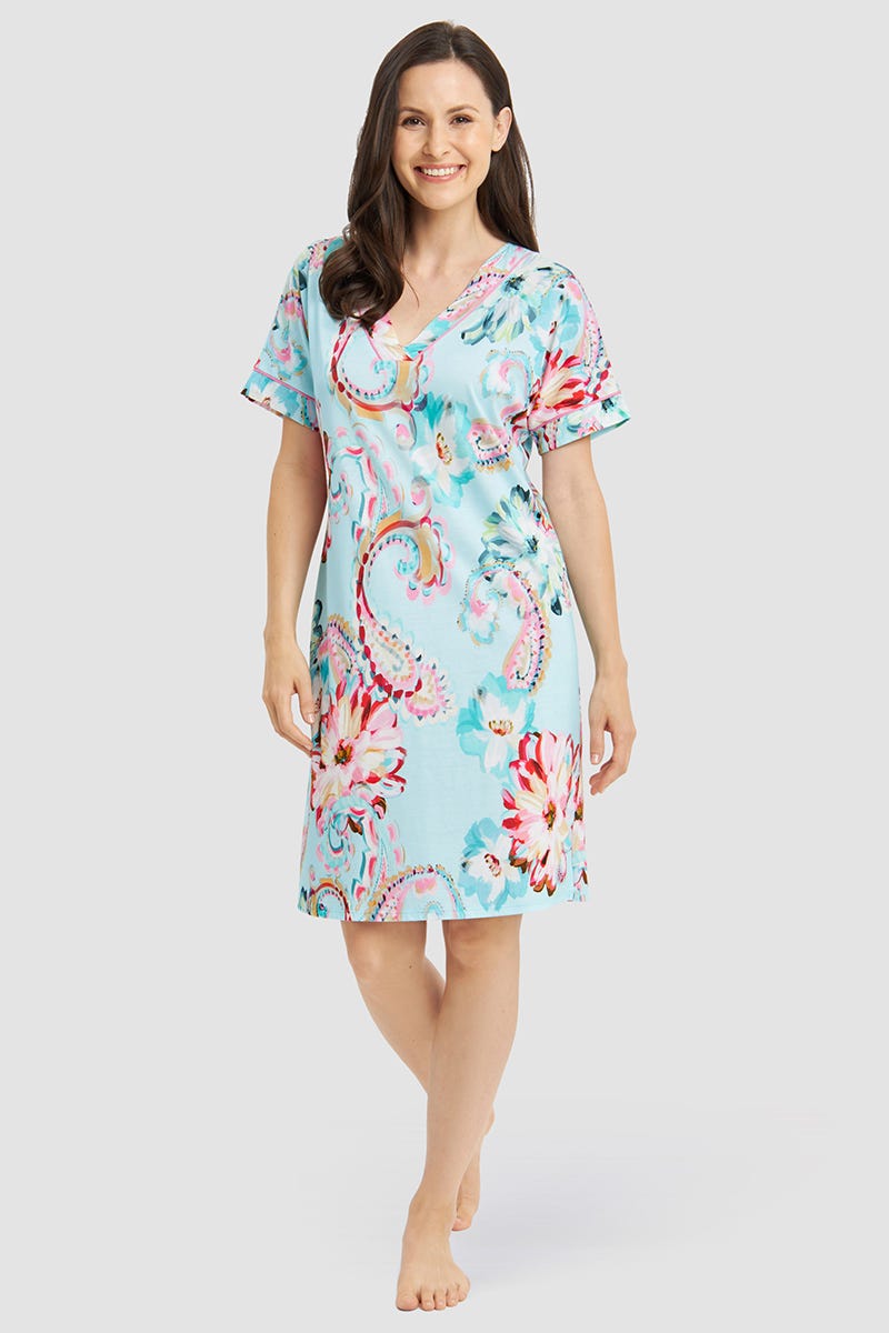 Frontalbild von Nachthemd im Paisley-Druck Türkis Baumwolle/Modal