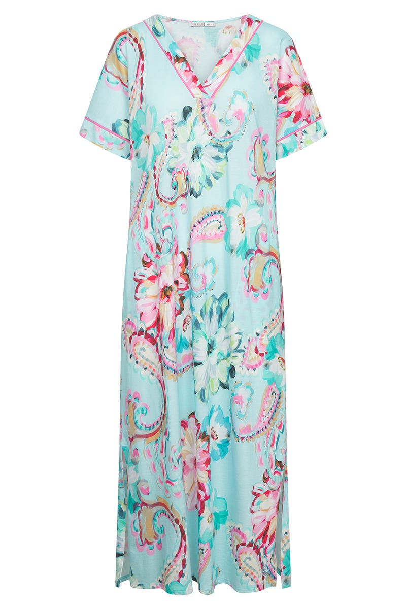 Hollowbild von Nachthemd im Paisley-Druck Türkis in Maxi-Länge Baumwolle/Modal