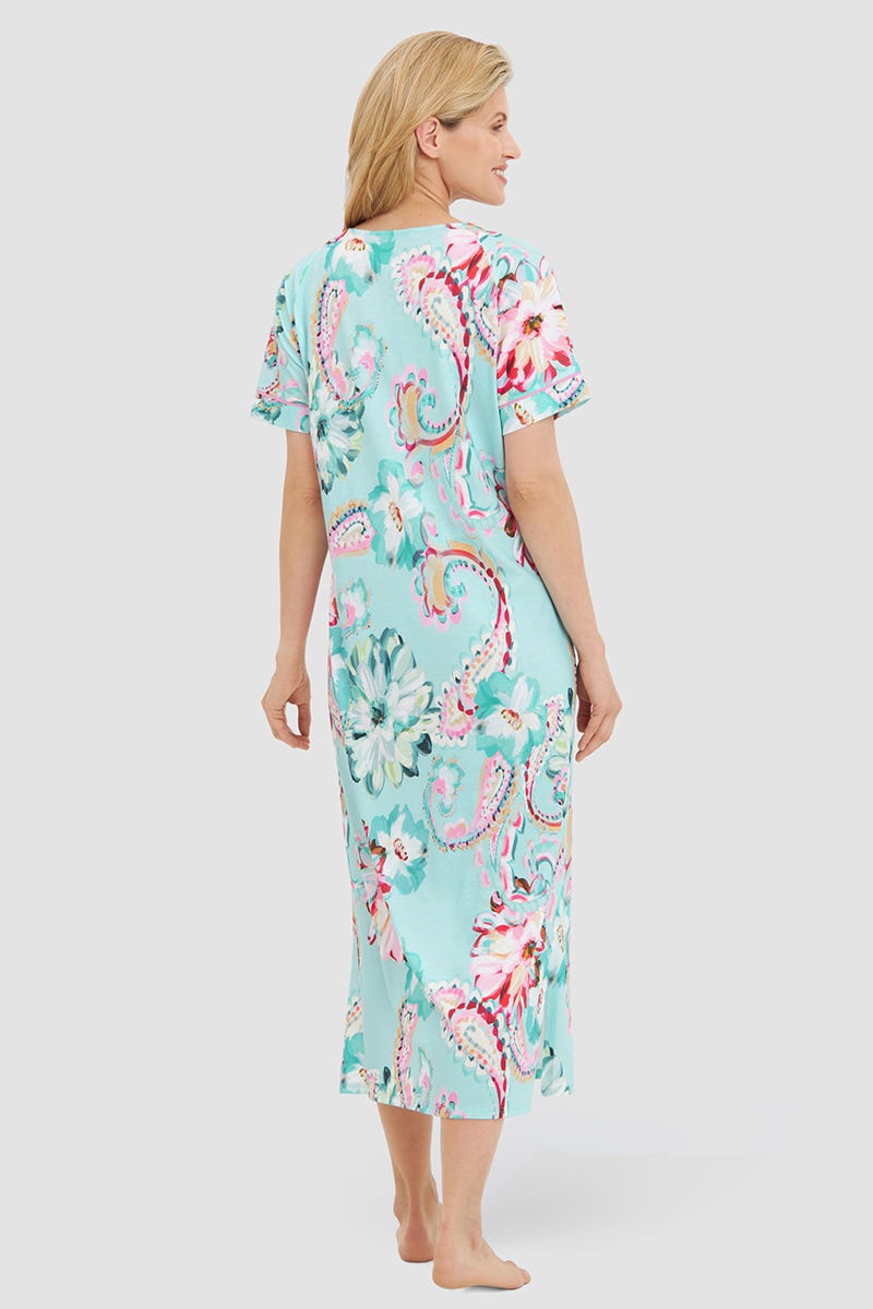 Rückansicht von Nachthemd im Paisley-Druck Türkis in Maxi-Länge Baumwolle/Modal