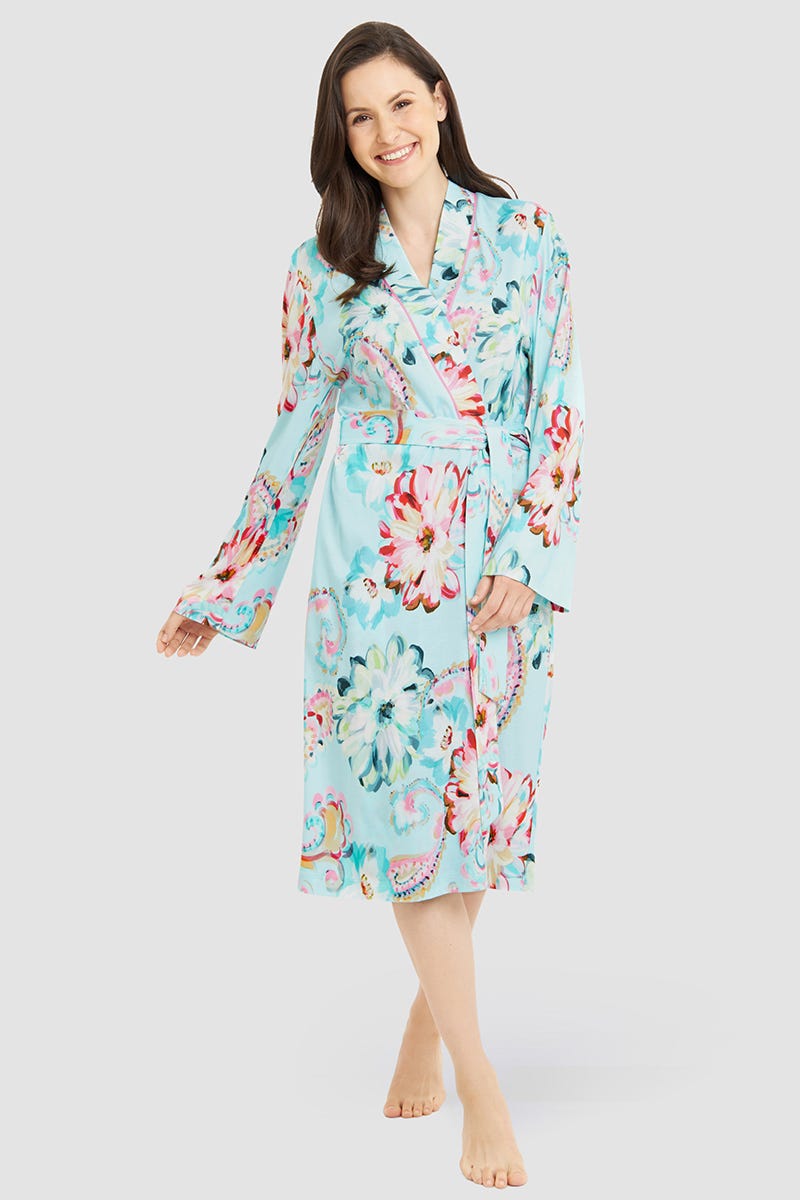 Frontalbild von Morgenmantel im Paisley-Druck Türkis Baumwolle/Modal