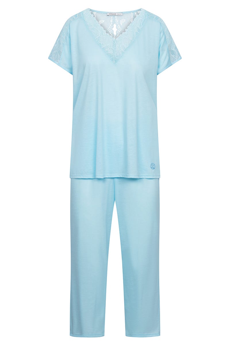 Hollowbild von Pyjama mit romantischen Spitzendetails Türkisblau Baumwolle/Modal