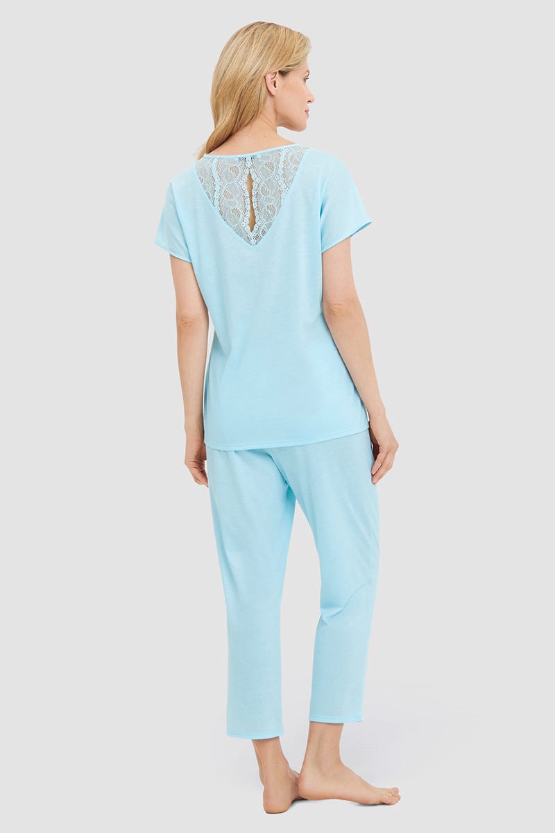 Rückansicht von Pyjama mit romantischen Spitzendetails Türkisblau Baumwolle/Modal