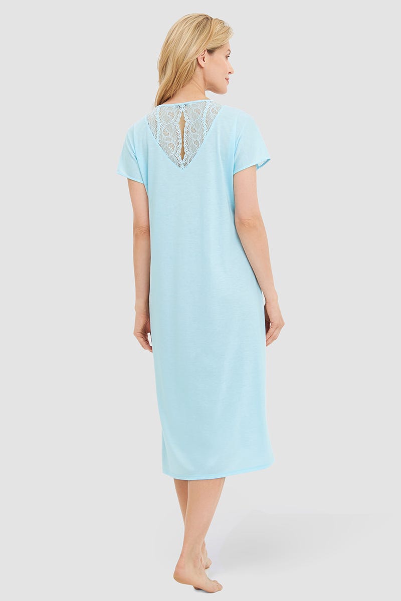 Rückansicht von Nachthemd mit romantischen Spitzendetails Türkisblau Maxi-Länge Baumwolle/Modal